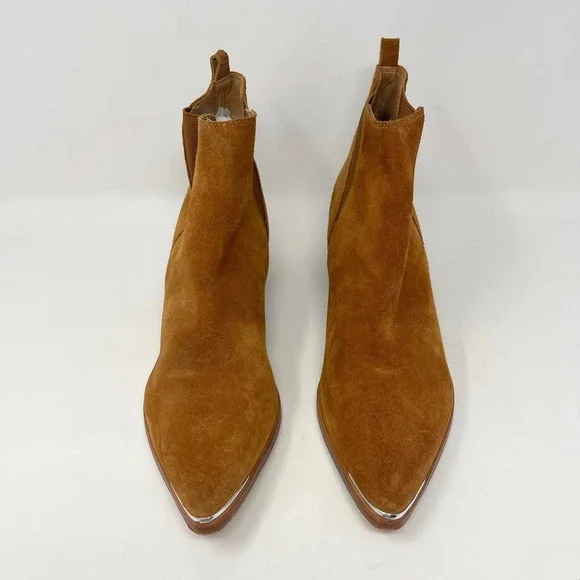 Marc Fisher Yale Cognac Suede Pointed Toe Chelsea Ankle Boots Silver Rand 9M - Picture 6 of 11